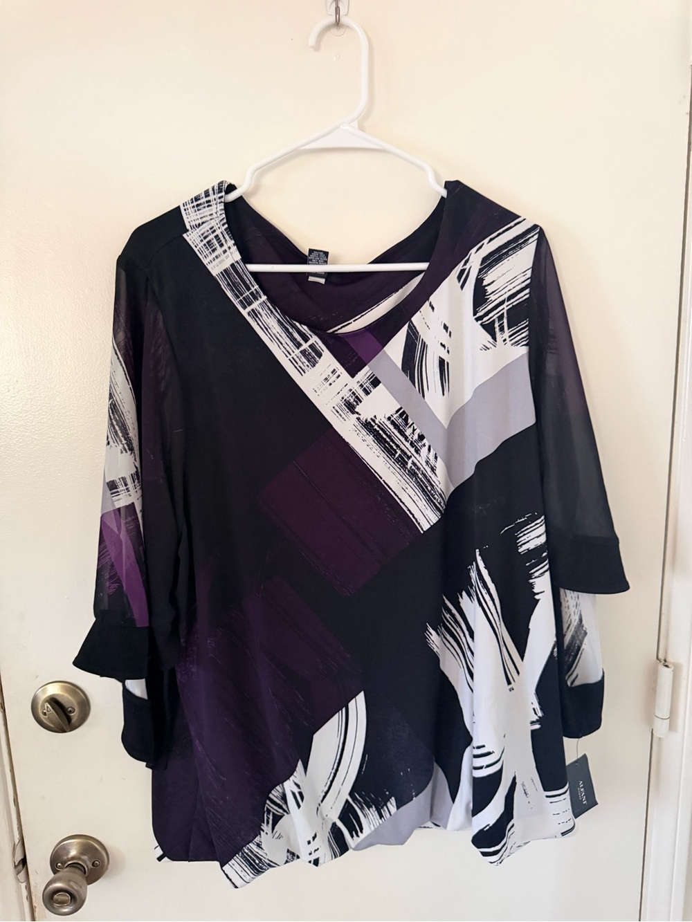 Alfani Black, White & Purple Abstract V-Neck Tunic